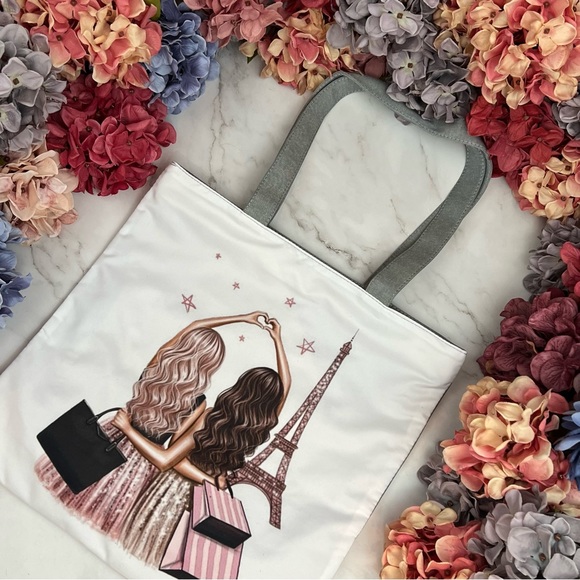 Two Girls Shopping in Paris Zippered Shoulder Tote Bag - Picture 4 of 16